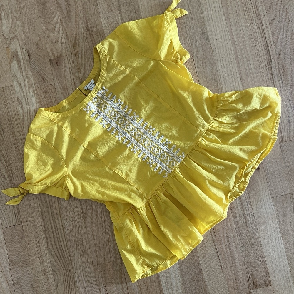 J.Crew Yellow Embroidered Peplum Top | Size 6 | Short Sleeve Boho Blouse